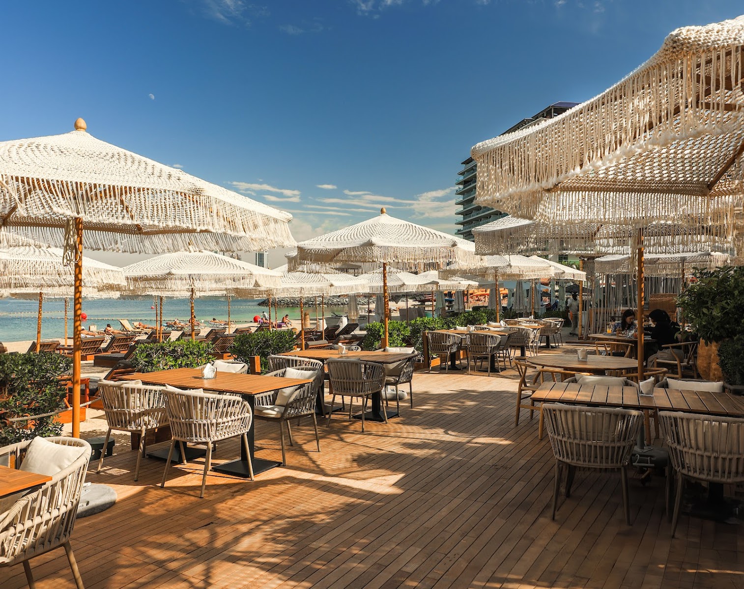 Peaches and Cream Dubai family beach club at Palm Shoreline with pink and peach decor and T-form swimming pool